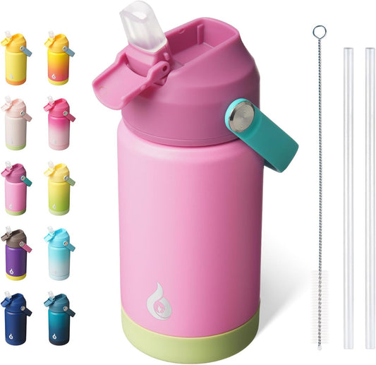 BJPKPK Insulated Water Bottle with Straw Lid, 12oz Thermos Water Bottles, Flex Handle & Non-slip Boot, BPA Free Leak Proof Stainless Steel Metal Thermos, Tumblers, Cups,Rose Pink