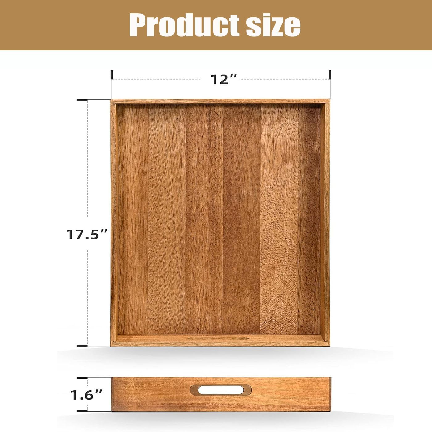Acacia Wood Serving Tray with Handles - 17-Inch Large Wooden Tray for Ottoman - Perfect for Breakfast, Lunch, Dinner, Appetizers, Patio, Ottoman, Coffee Table,BBQ, Party – Great for Lap &Couch ﻿