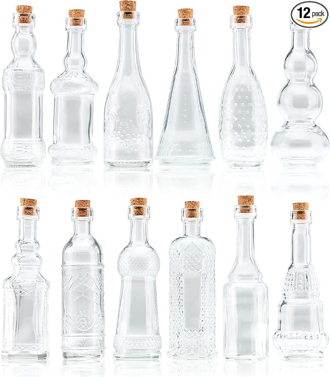 Small Mini Clear Vintage Glass Bottles with Corks, Mini Vases, Decorative, Potion, Assorted Design Set of 12 pcs, 4.6 Inch Tall (11.43cm), 1.4 Inch Wide (3.56cm)