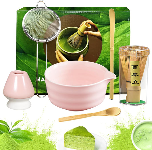 Matcha Set, 6 Pcs Matcha Whisk Set with 20 oz Bowl, Bamboo Whisk for Matcha Tea, Matcha Bowl, Ceramic Matcha whisk Holder, Stainless Sifter and Scoop - Gift for matcha kit Lovers（Pink）