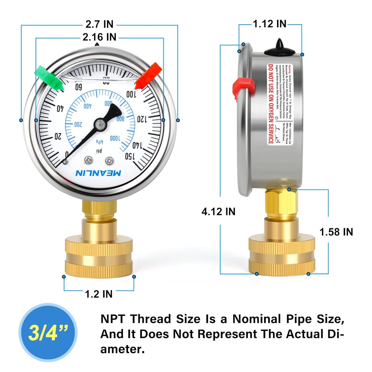 MEANLIN MEASURE 0~150Psi Stainless Steel Frame 3/4" Female 2.5" FACE DIAL Liquid Filled Pressure Gauge WOG Water Oil Air Water Pressure Test Table with Sealing Ring (with 2PCS Snaps)