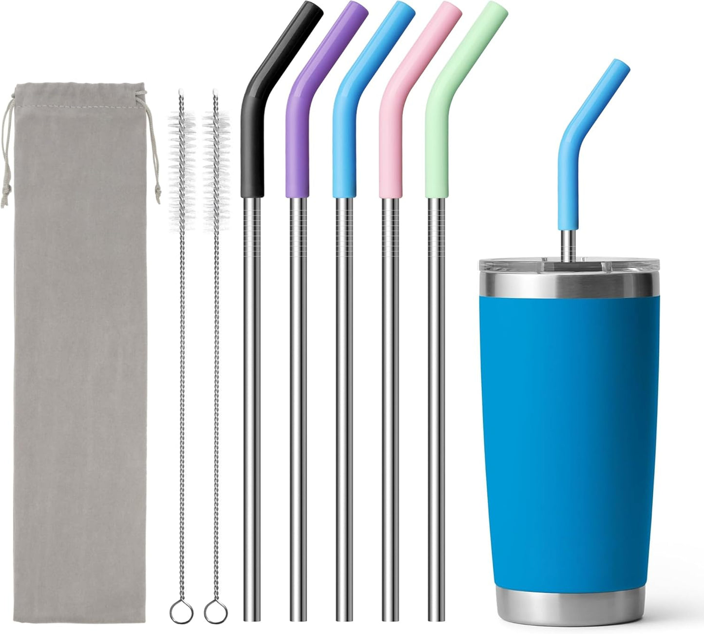 Metal Straws Reusable With Silicone Tips for Yeti 20 oz Tumbler, 8.5" Stainless Steel Straight Drinking Straw- 2 Cleaning Brushes & 1 Portable Bag