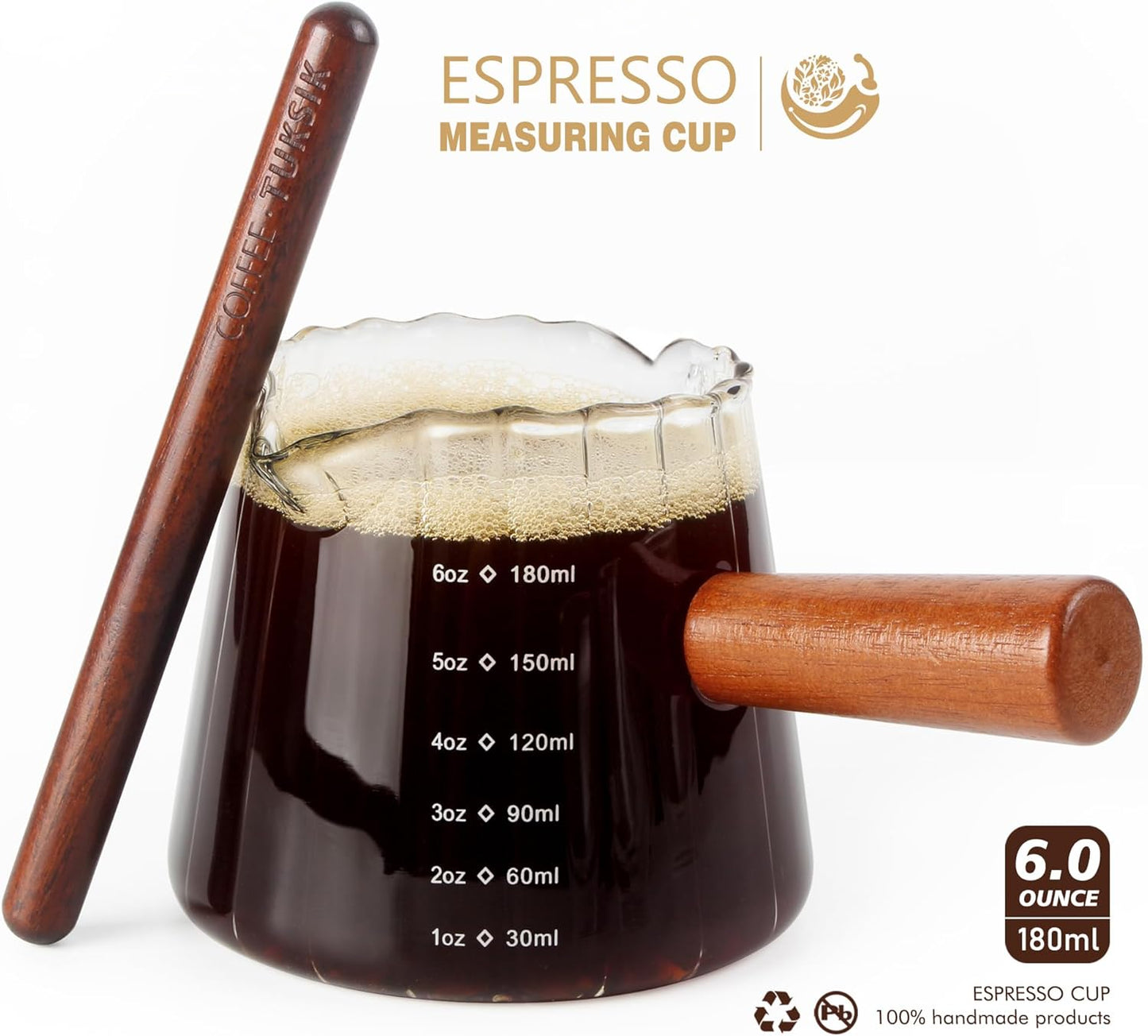 Double V-Spout Espresso Shots Cup (6OZ) with Wooden Handle - Left & Right Handed | Milk Frothing Pitcher & Measuring Cup | Espresso Accessories Set with Bonus Walnut Stirrer