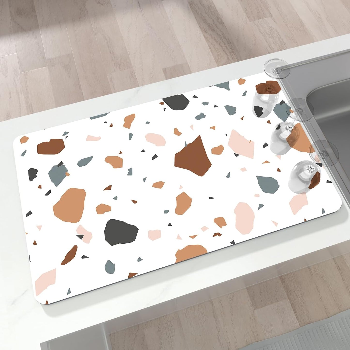 Coffee Bar Mat for Countertop, 17" X 28” Super Absorbent Dish Drying Mat, Large Kitchen Counter Mats Fits Under Coffee Maker, Non-slip Espresso Machine Pad, Terrazzo