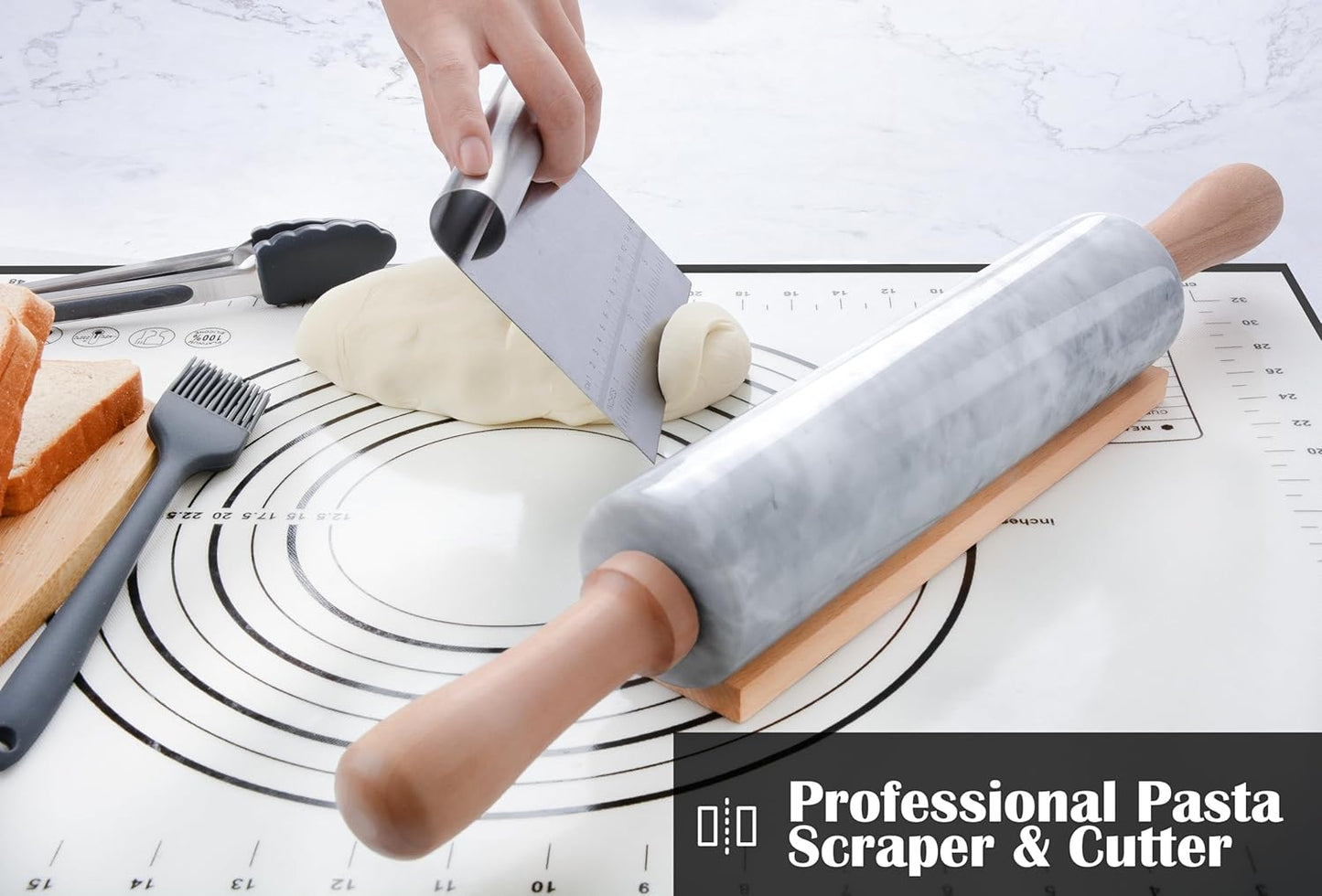 Marble Rolling Pin Set with Silicone Pastry Mat,Pastry Brush,Cooking Tongs,Stainless Steel Scraper18.5 inch Polished Non-Stick Roller for Pizza Dough,Fondant,Pie Crust(Gray White)