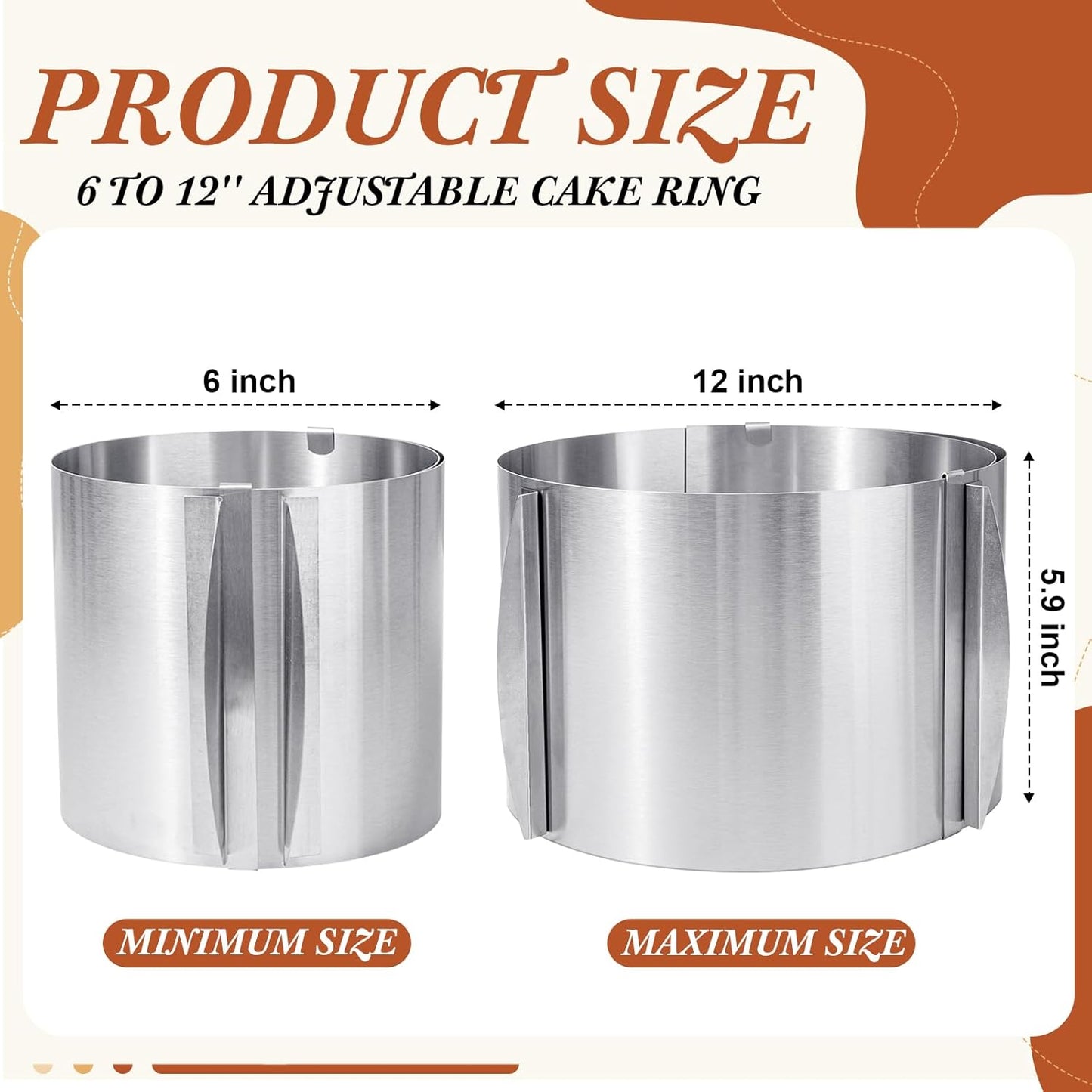 Hushee Cake Mold 15 cm High, 6 to 12'' Adjustable Ring Cake Baking Supplies Rings Round Stainless Steel Decorating Bakeware Tools with Scaling for Mousse Baking Dessert Making(1 Piece,8 cm)