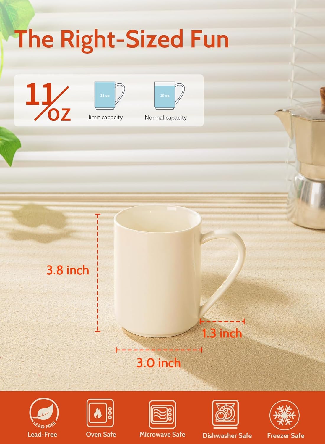 Sweese White Coffee Mug, Porcelain 11 Oz Coffee Mugs Set of 6, Ceramic Coffee Cups with Handle for Coffee, Tea, Cocoa, Cappuccino, Latte and Mulled Drinks