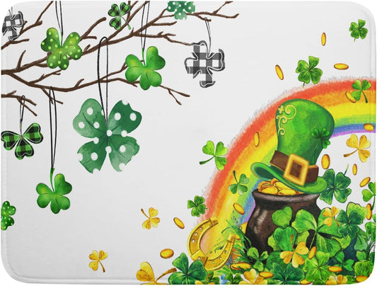Giwawa St Patrick Dish Drying Mat Large Lucky Clover Tree Shamrock Dish Drainer Mats 18x24inch Spring Elf Hat Rainbow Colorful Fast Drying Absorbent Dish Drying Pad for Kitchen Counter Decor