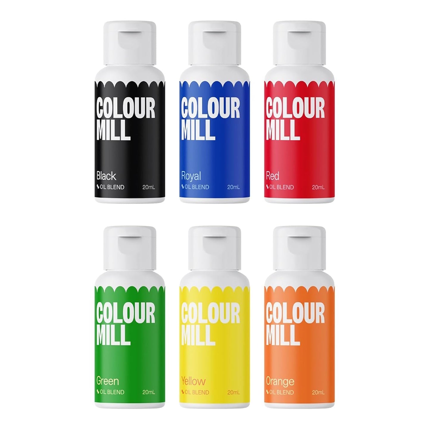 Colour Mill Oil-Based Primary Food Coloring, 20 Milliliters Each of 6 Colors: Black, Royal, Red, Green, Yellow and Orange