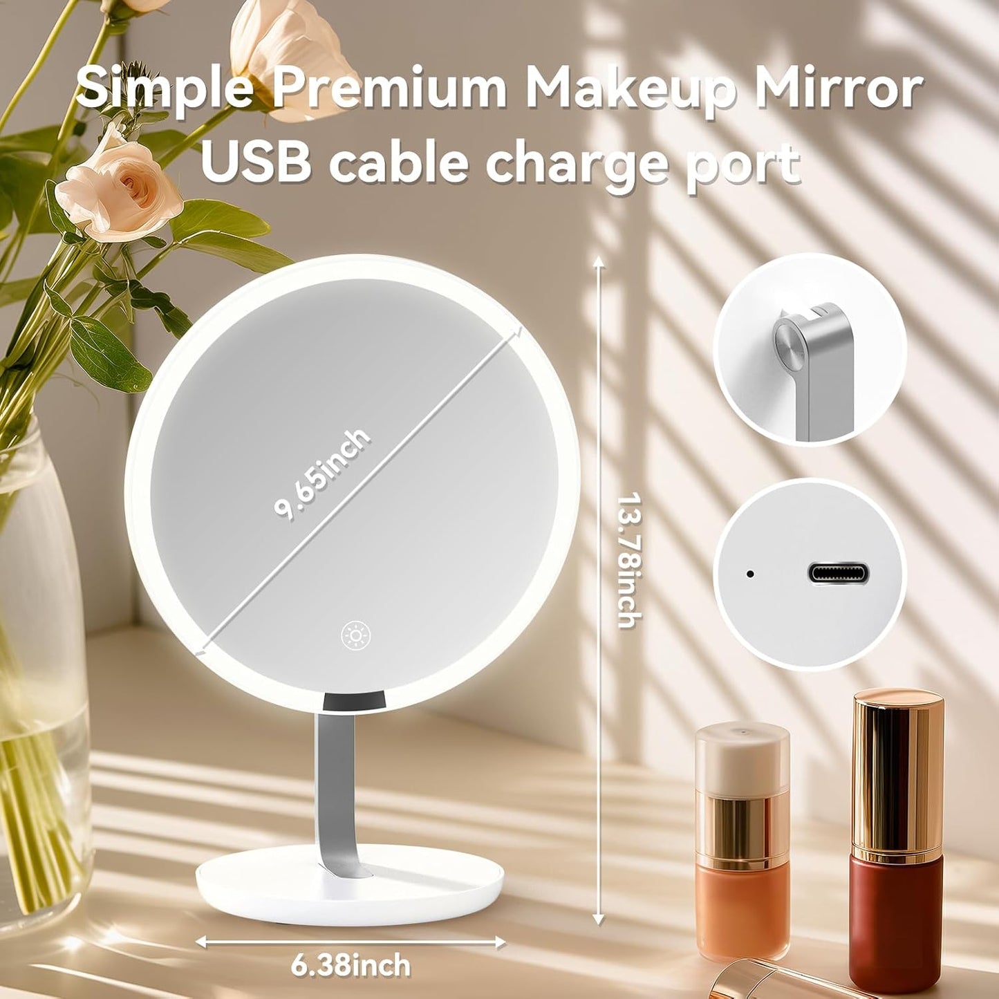 9.65-inch Lighting Makeup Mirror, 1x / 10x,Touch Control,3-Color Adjustable,Metal Stand,up and Down Adjustable Makeup Mirror, High Color Rendering, Eye-Protecting Light Source,Silver