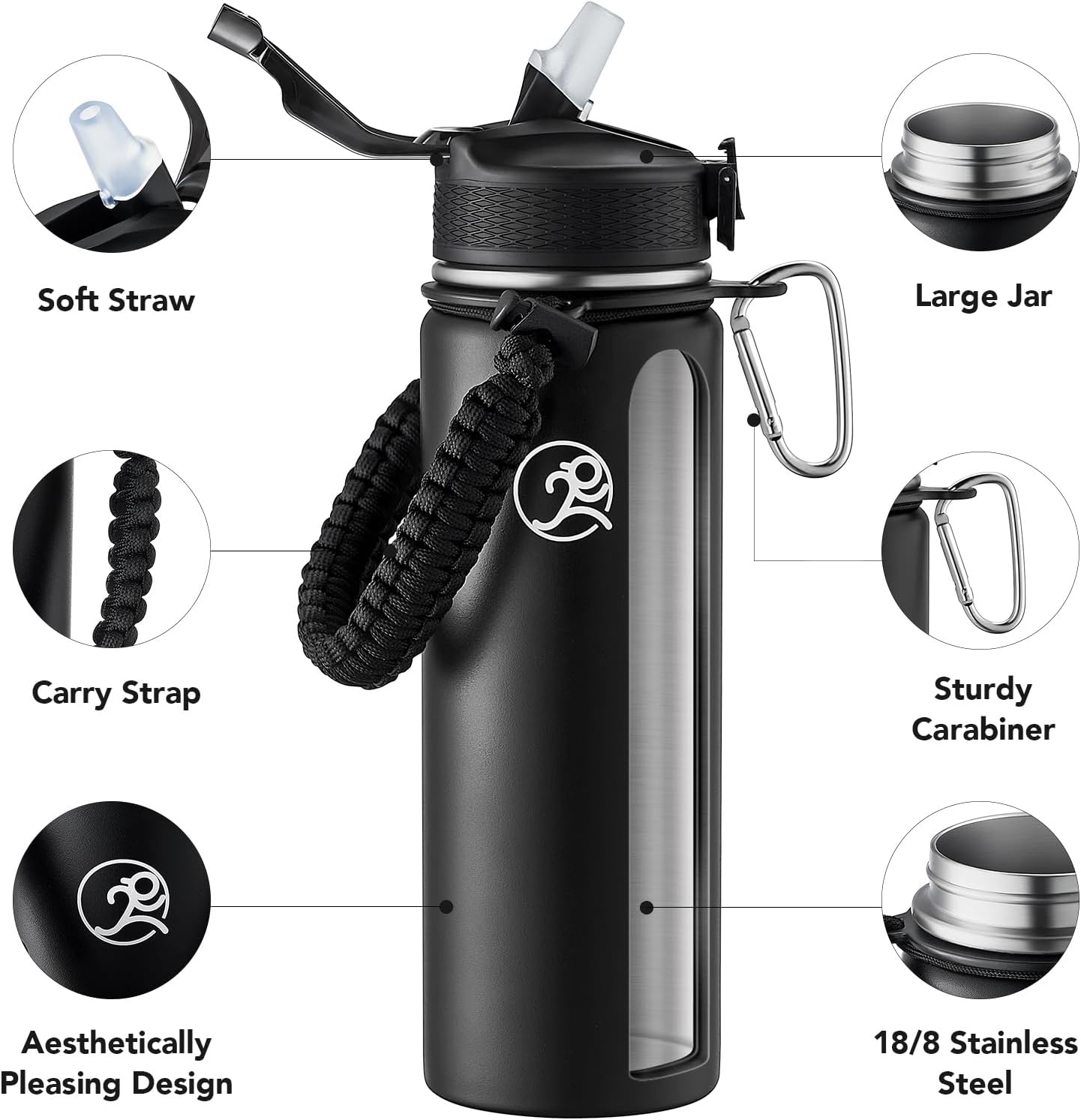 GOSWAG Insulated Sports Water Bottle, 24oz 2 Lids(with Straw/No Straw), Stainless Steel Water Bottles with Paracord Handle, Insulated Bottle with Double-Wall Vacuum Insulation