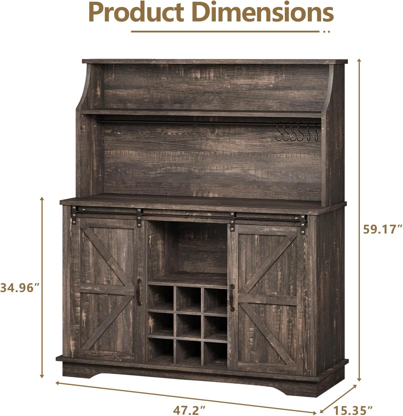 47 Inch Farmhouse Coffee Bar Cabinet with 3-Tier Storage, Coffee Bar Hutch with 9 Wine Racks, 3 Glass Holders, 6 Hooks, Kitchen Storage Cabinets for Dining Living Room, Oak