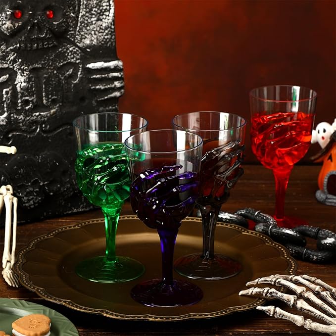 Yungyan 60 Pcs Halloween Skeleton Hand Plastic Goblets Set 12 oz Spooky Skeleton Hand Goblets Halloween Clear Cups Wine Glasses Creepy Champagne Decorations for Party Haunted House 4 Color