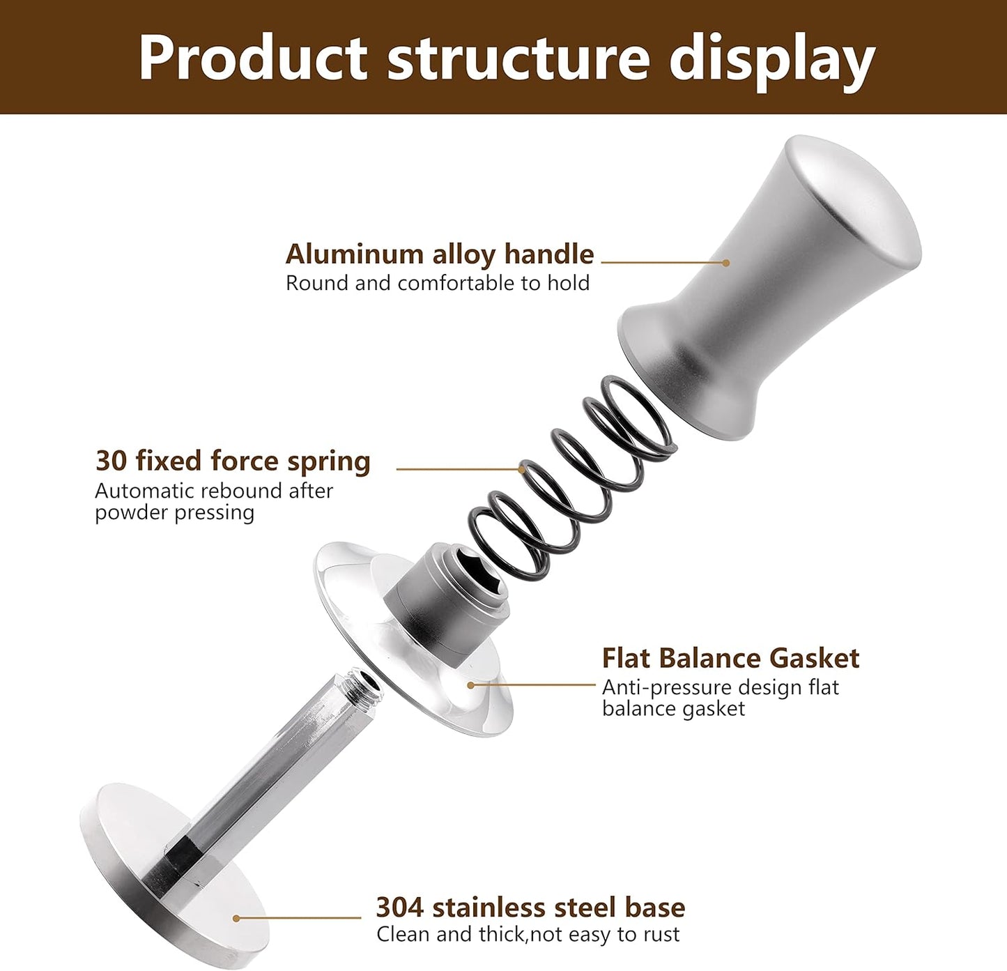 K COOL Espresso Hand Tamper, Premium Barista Coffee Tamper with Calibrated Spring, Stainless Steel Base Tamper Compatible with Espresso Machine Rancilio, Gaggia Bottomless Portafilter (58mm, Silver)