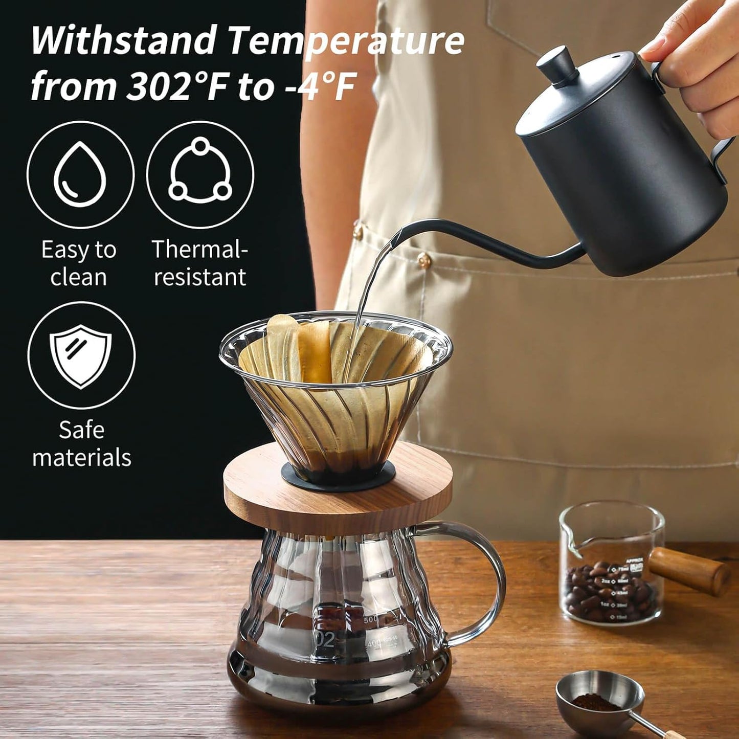 Unbreakable - Pour Over Coffee Maker 720ML/24OZ, Heat Resistant Borosilicate Glass Dripper with Filter Holder, BPA-Free Manual Coffee Brewer for Home and Office Use
