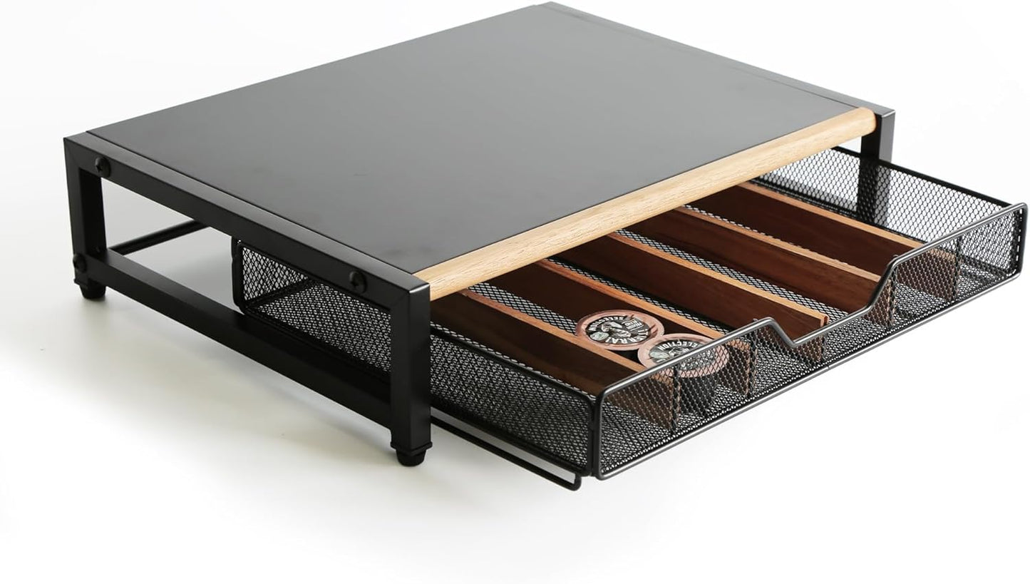 Coffee Pod Drawer,Coffee Station Organizer for Coffee Pod Storage,Movable Solid Wood Partition Board, Counter Coffee Bar Accessories for Nespresso Pods,Cream, Spoon, Sugar（Black)