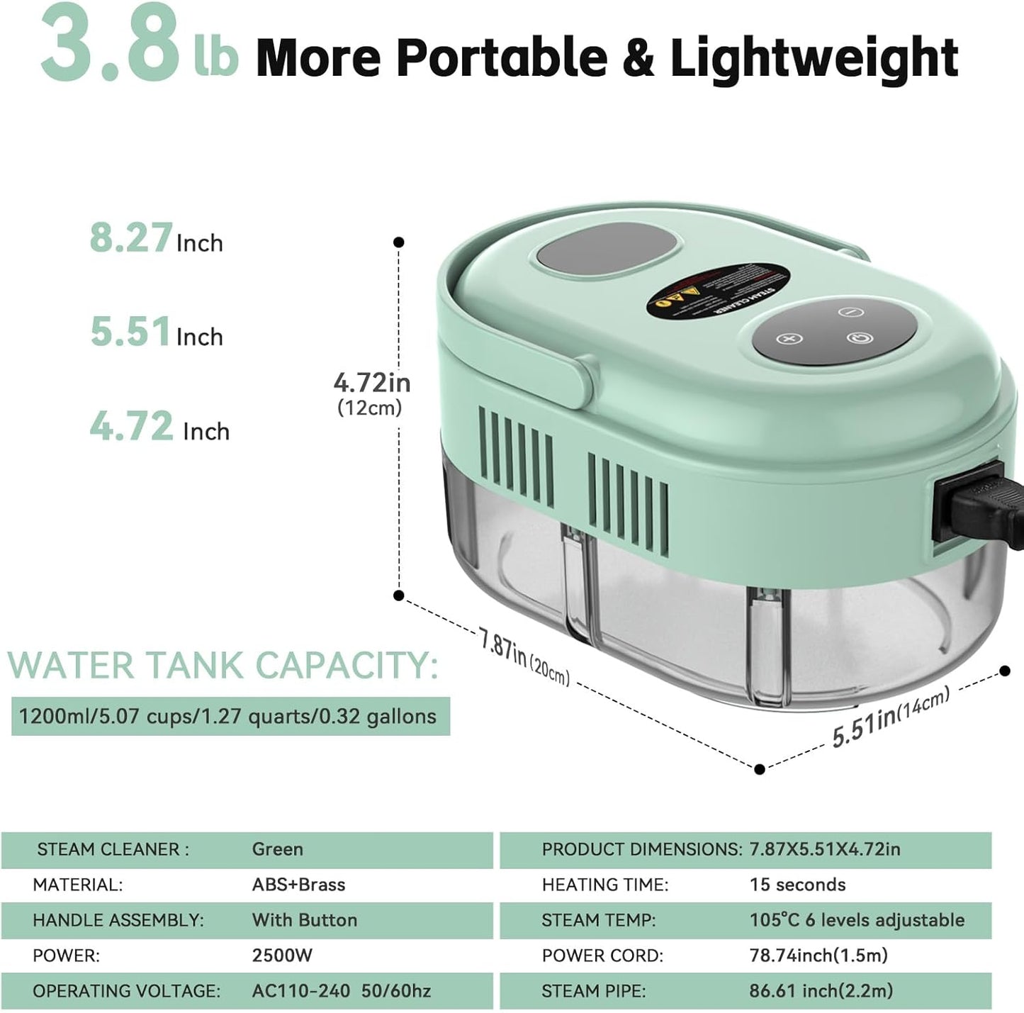 Steam Cleaner, Handheld 2500W Pressurized Heating Steamer for Cleaning,Multi-Purpose Steamer for Home Use with Water Tank, Steam Cleaner for Dirt, Grease,Grout,Tile, Floor,Couch,Car,Green