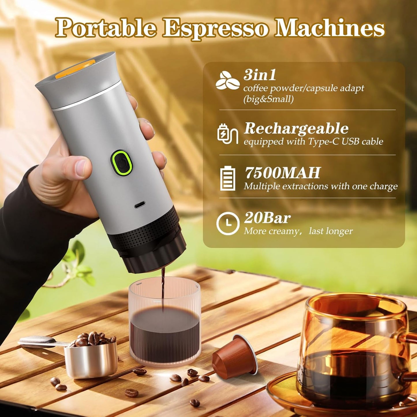 3-in-1 Portable Espresso Maker, Travel Coffee Maker, Self-Heating Car Coffee Maker with USB-C, Small Espresso Machine with Ground Coffee & Capsules (NS＆DG) for RV, Hiking, Office (silver)