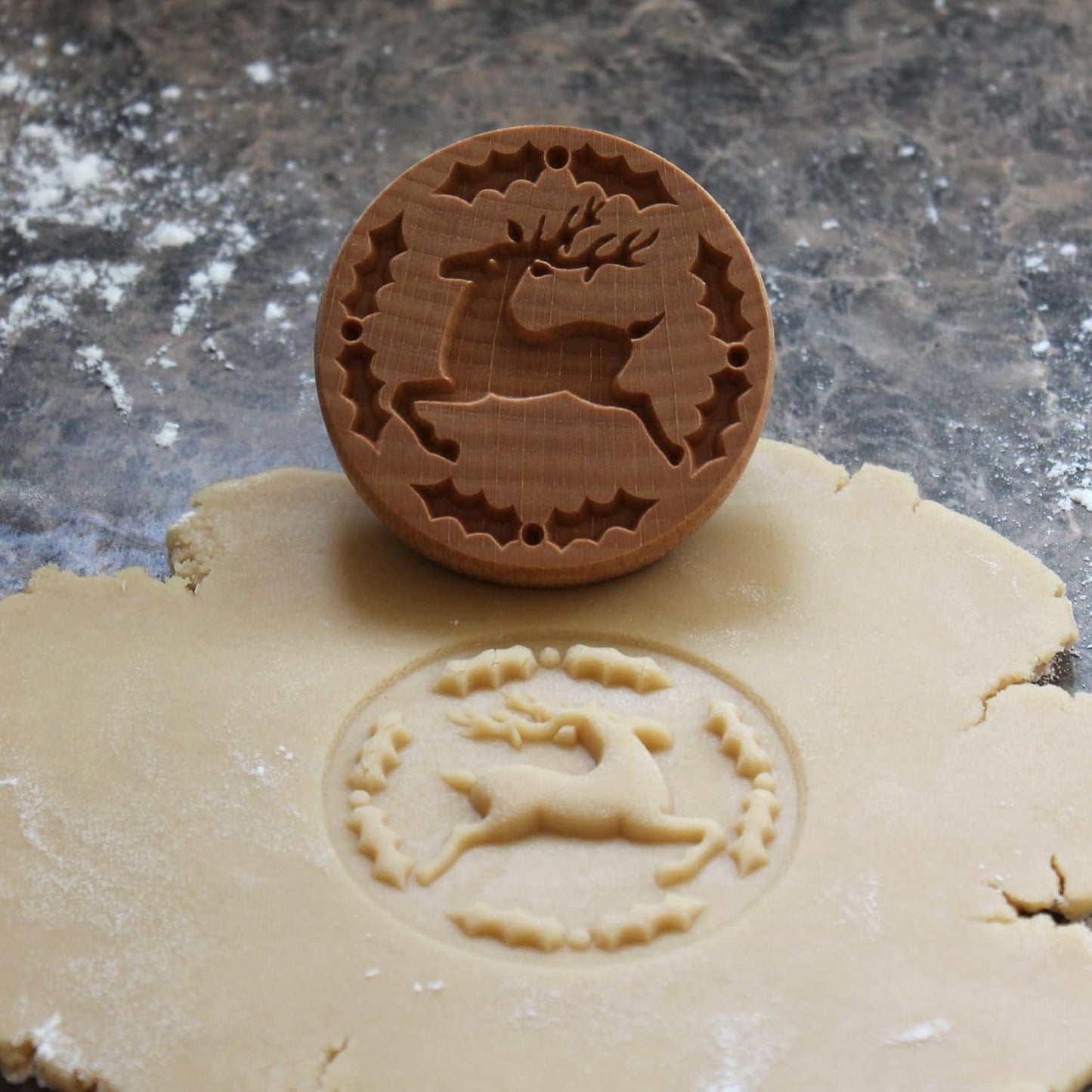 Wood Cookie Stamp, 2.5 Inch (Reindeer and Holly CS-049)