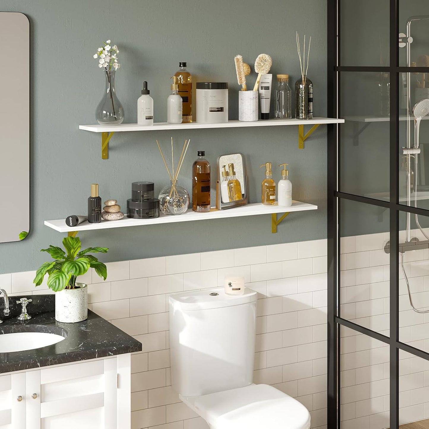 DINZI LVJ Long Wall Shelves, Set of 4, 47.3" Wall Mounted Shelves, Large Floating Shelves for Storage with Metal Brackets, for Living Room, Bathroom, Bedroom, Kitchen, White and Gold