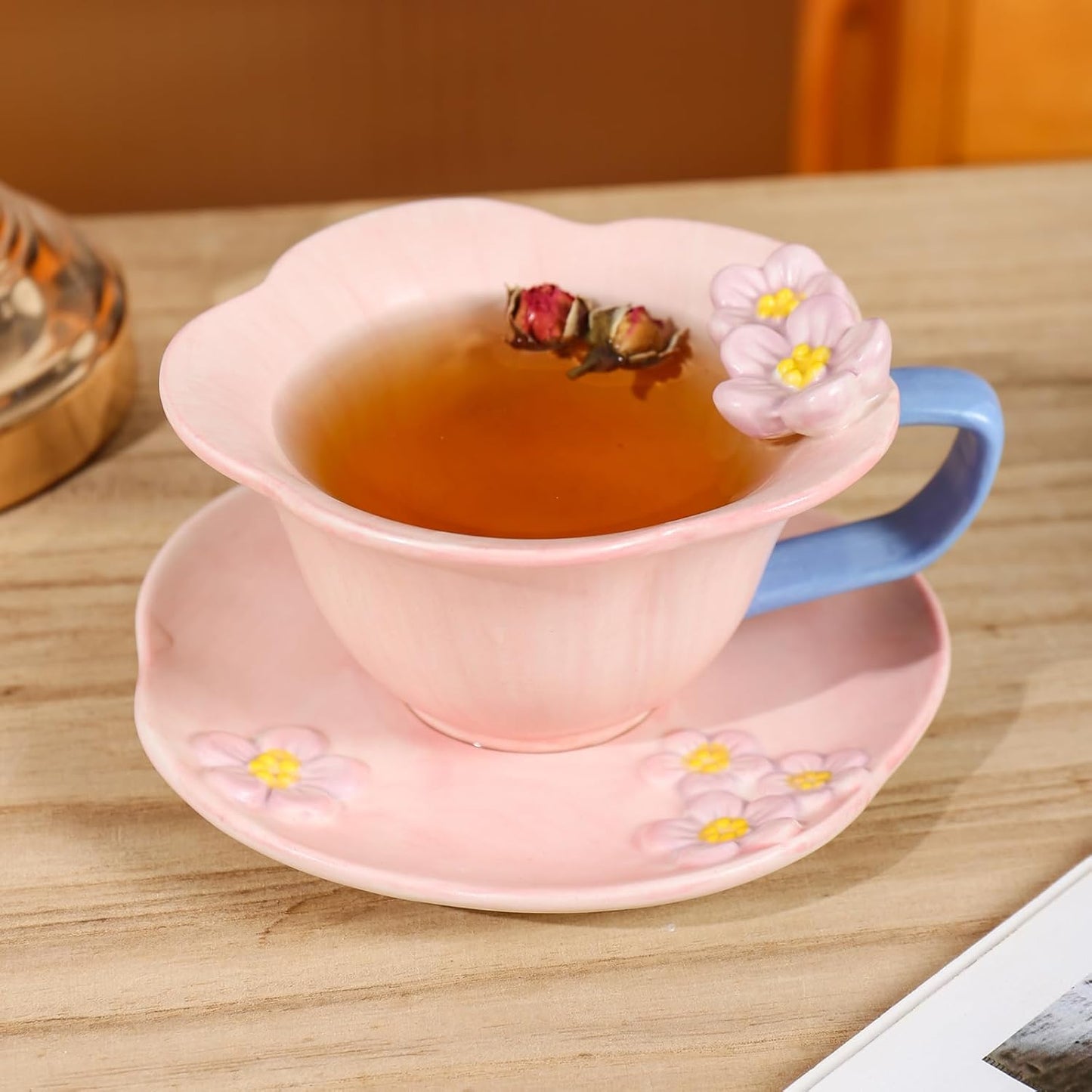 Floral Tea Cups and Saucers, Ceramic Cute Coffee Mug for Women Tea Party, Cappuccino Latte Milk (Pink)