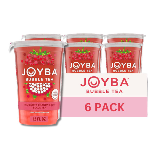 Joyba Bubble Tea Raspberry Dragon Fruit Black Tea with Popping Boba, 6 Pack, 12 fl. oz. Cups