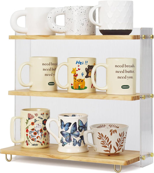 Coffee Mug Holder Wooden Cup Station Organizer 3 Tier Cup Holder for Coffee Bar Mug Display Rack for Countertop Mug Holder Shelf for Home Kitchen Pine Wood
