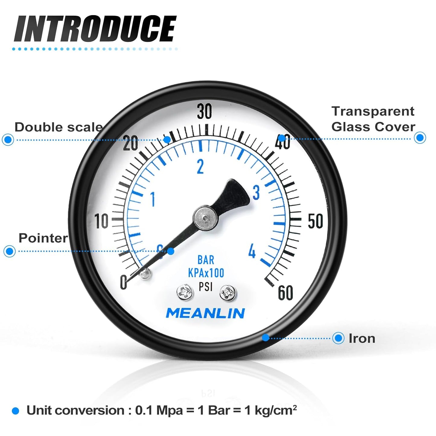 MEANLIN MEASURE 0-60Psi 2" DIAL FACE 1/8" NPT Well Pump Pressure Gauge, with 1/4" NPT and 3/8" NPT Hex Bushing, 3-2-3% Accuracy, Center Back Mount