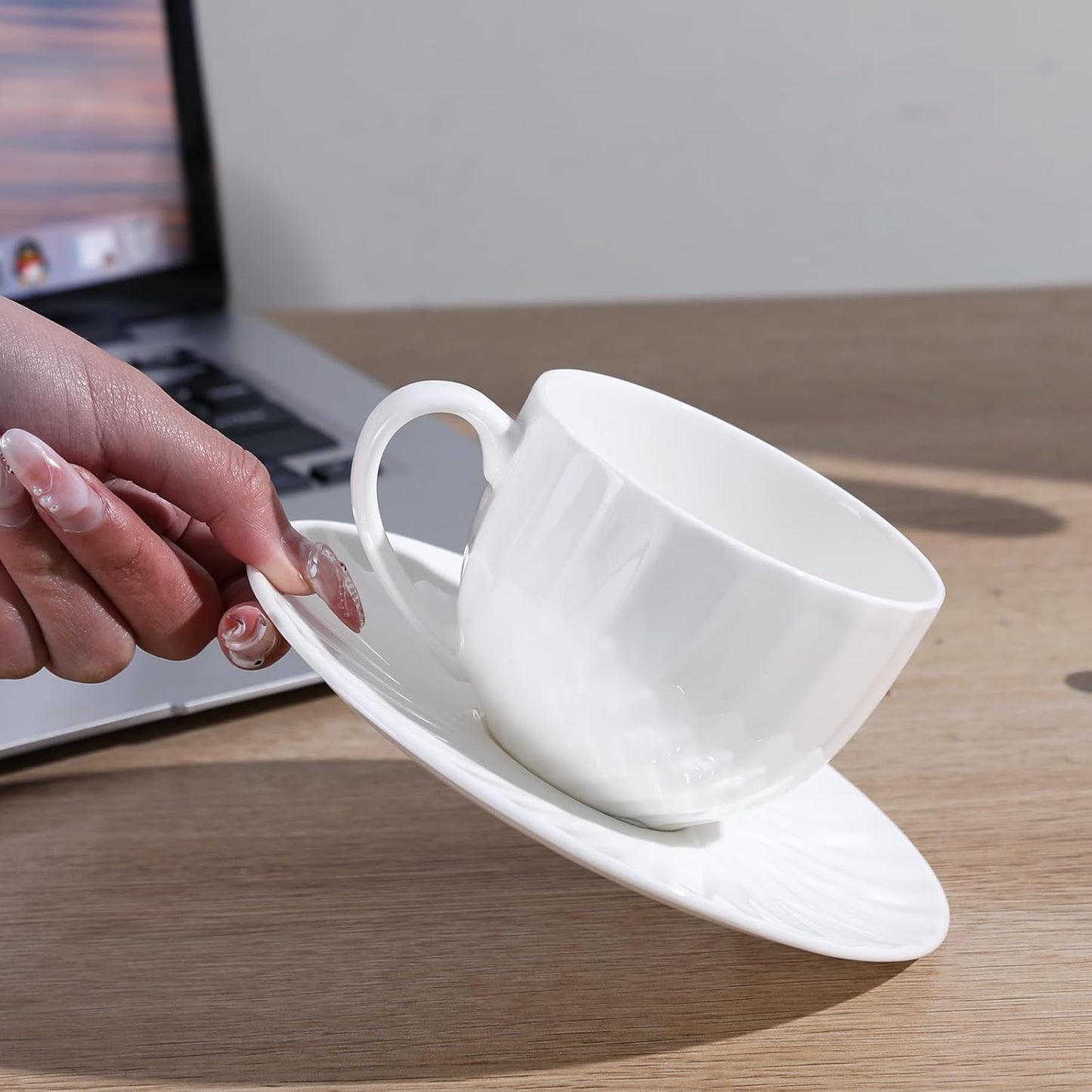 Fine Bone China Cappuccino Mugs Set of 2, 7 Oz Spiral Pattern Lightweight Ceramic, Art Coffee Cups with Saucers, for Latte, Mocha, Tea, Espresso, Macchiato, Americano