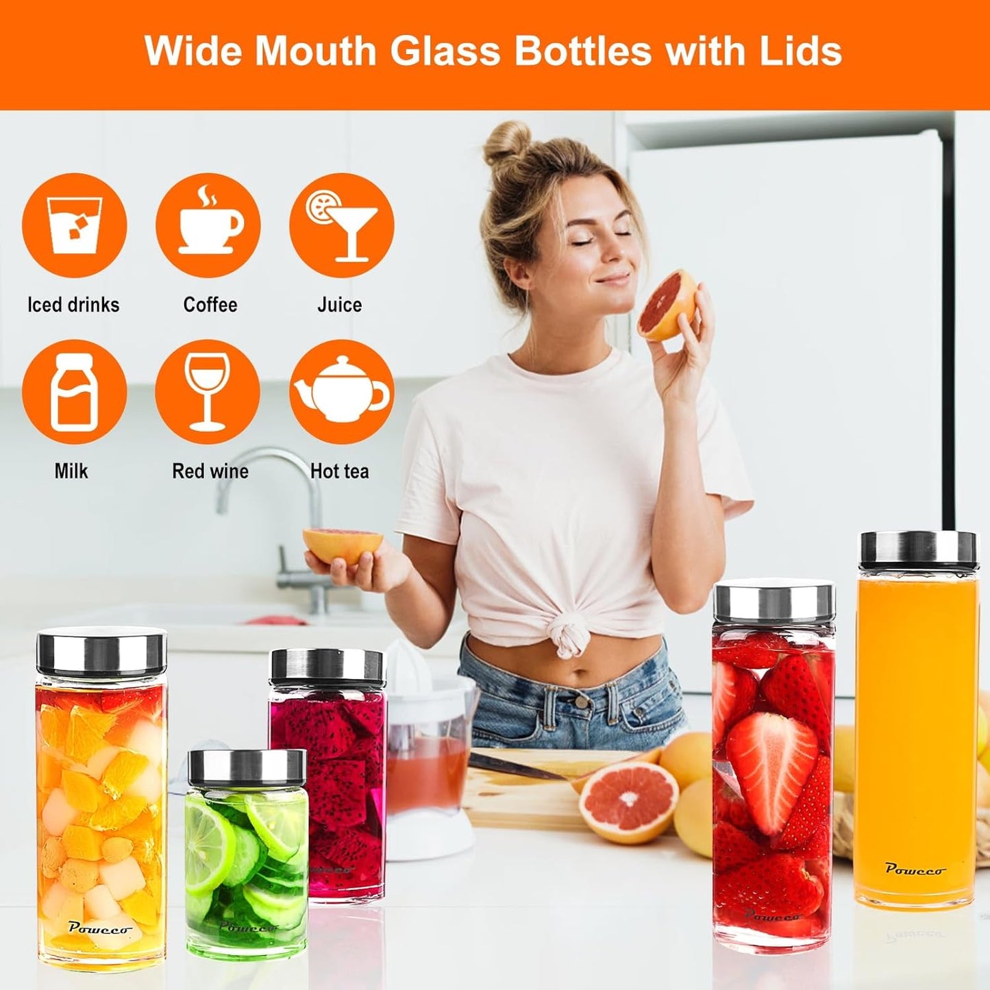 10oz Glass Juice & Water Bottles 6-Pack with Lids- Wide Mouth Reusable Borosilicate Glass- for Juicing, Smoothies, Protein Shakes, Blender & Shaker Bottle- Refillable & Dishwasher Safe(10 oz/300ml)