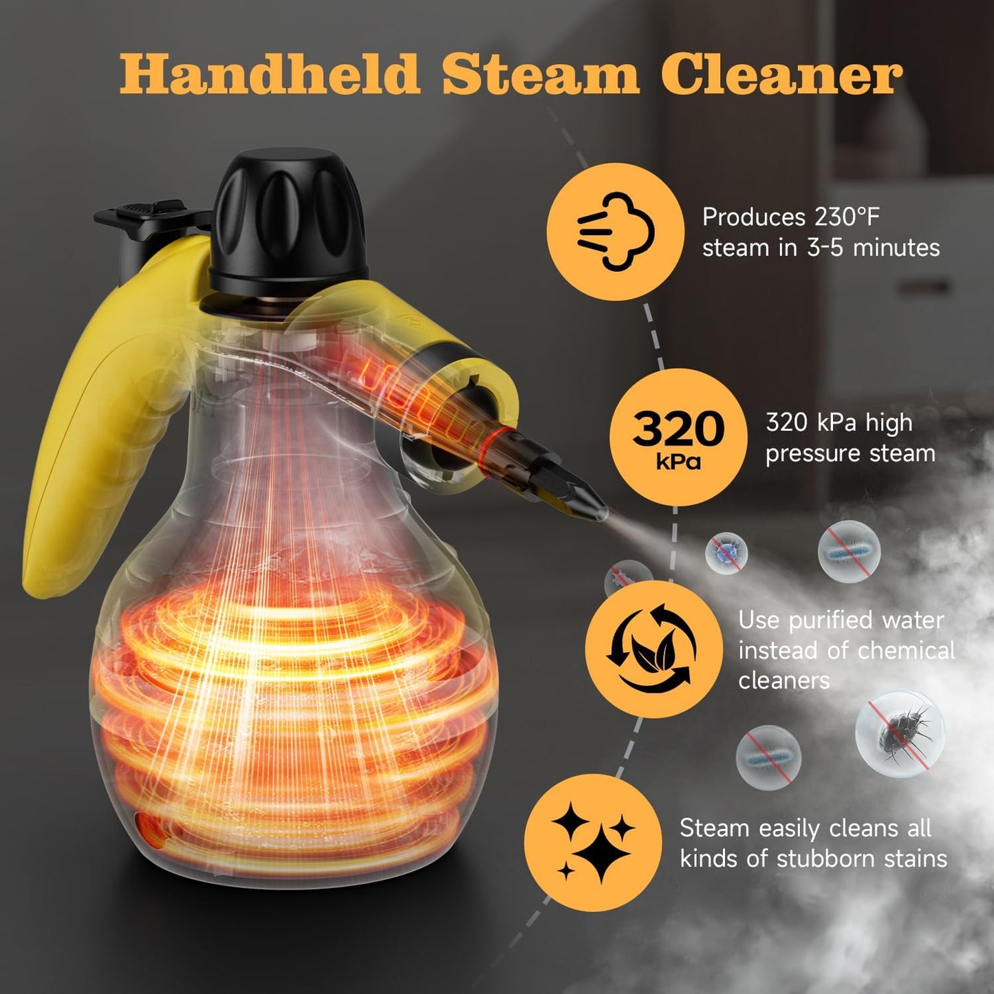 Steam Cleaner, Handheld Steam Cleaner, Steam Cleaner for Home with 16 Accessories and Automatic Steam Switch, Steamer for Cleaning Home, Living Room, Kitchen, Bathroom, Car (Yellow)