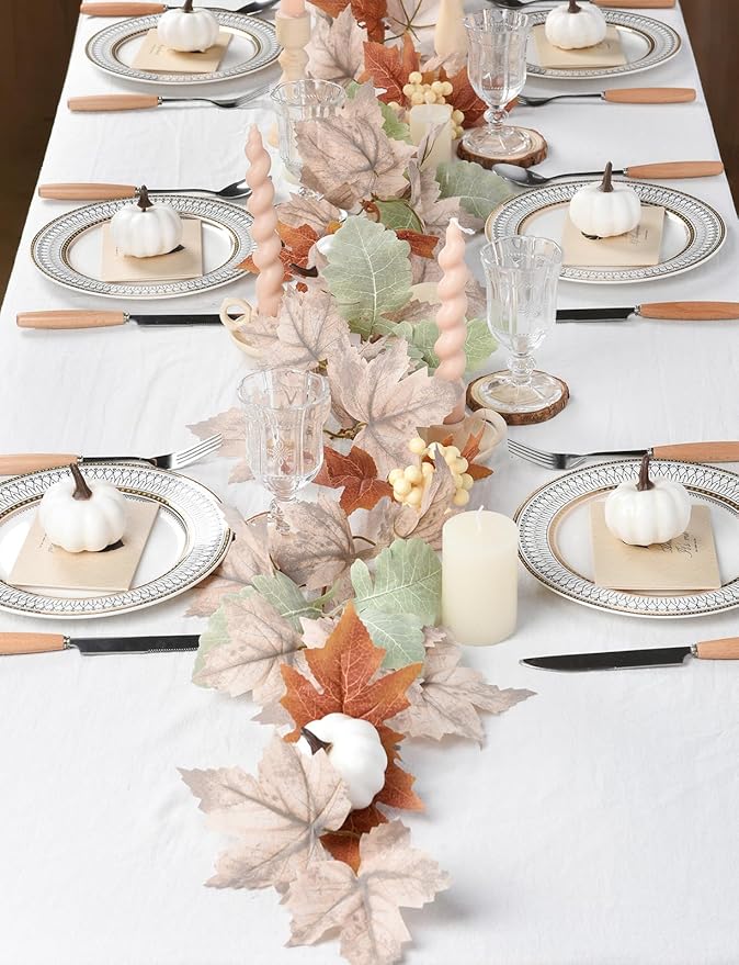 DearHouse Fall Maple Leaf Garland, 5.9Ft Hanging Vine Artificial Autumn Foliage for Thanksgiving, Home, Wedding, Fireplace, Party, Christmas Decor (White)