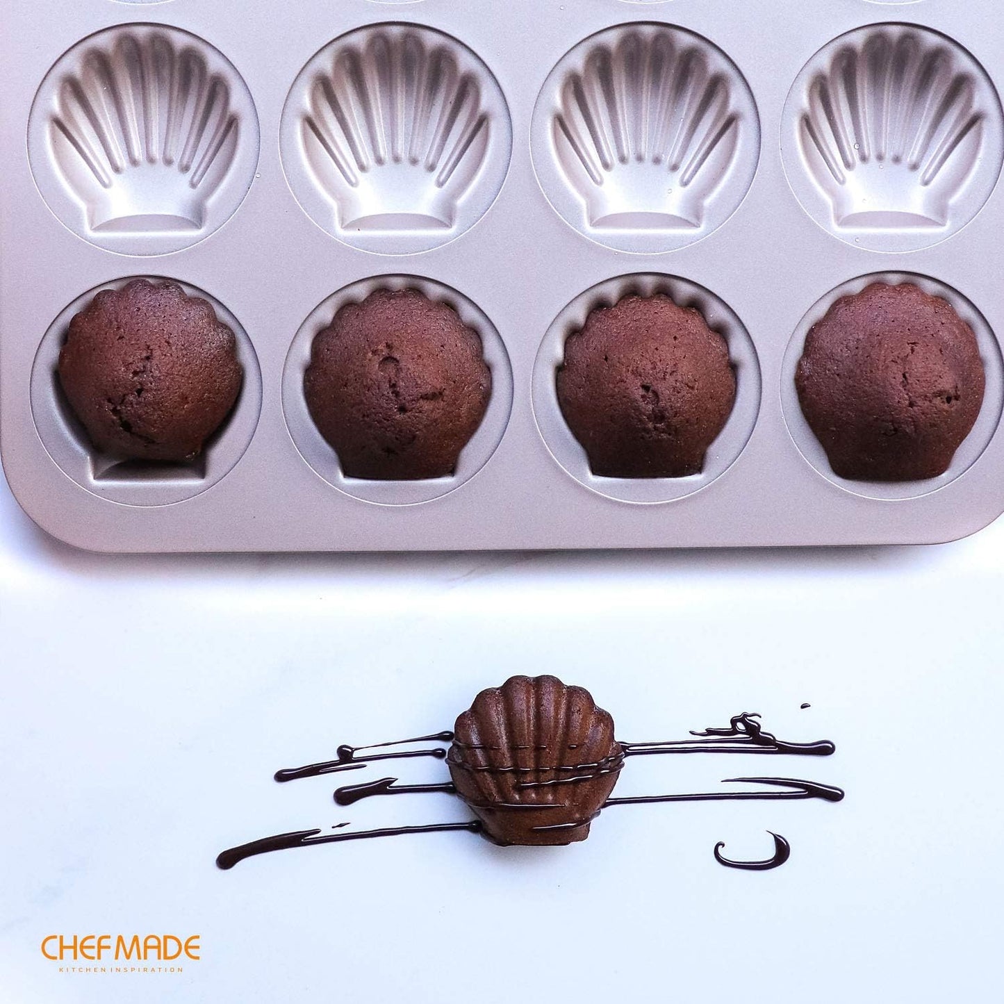 CHEFMADE Madeleine Mold Cake Pan, 12-Cavity Non-Stick Scallop Madeline Bakeware for Oven Baking (Champagne Gold)