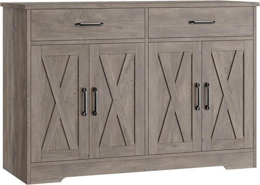 HOSTACK Buffet Cabinet with Storage, 47.2" Kitchen Sideboard Buffet with Drawers, Modern Farmhouse Coffee Bar Station with Shelves, Barn Doors Storage Cabinet for Living Room, Ash Grey