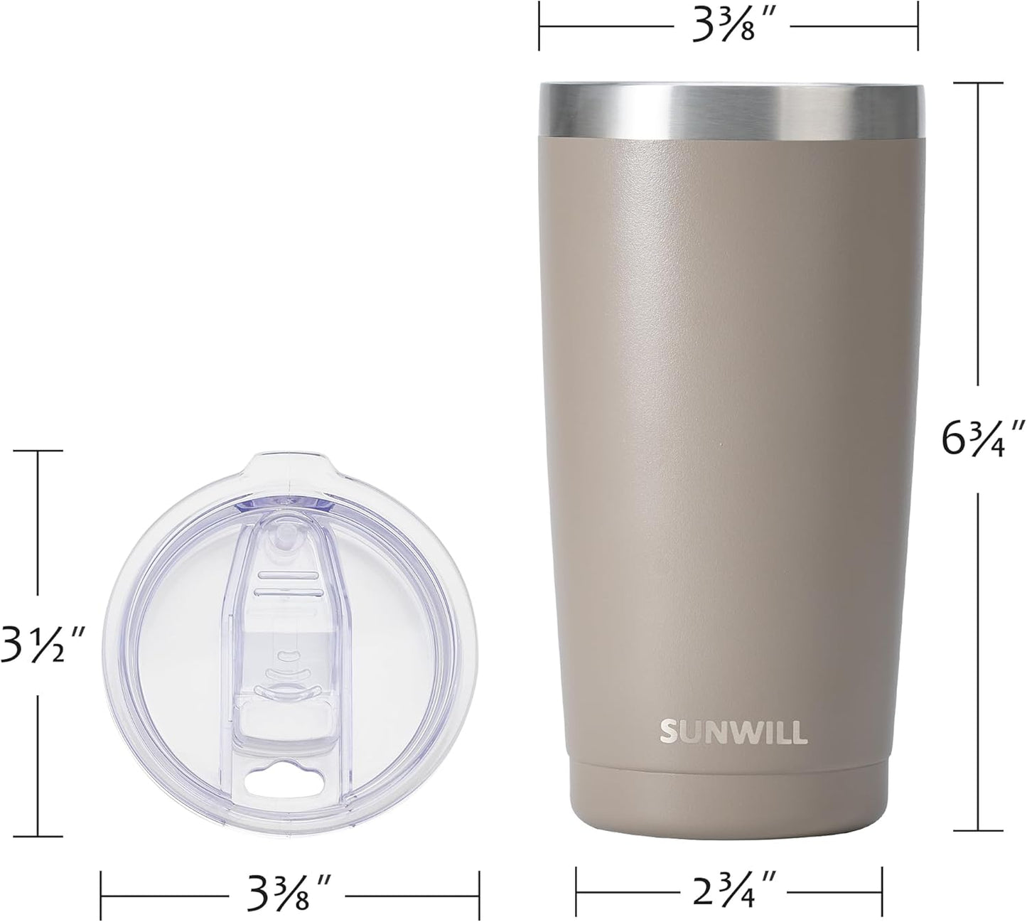 SUNWILL Travel Coffee Tumbler 20 oz, Insulated Mug with Lid, Stainless Steel Cup for Outdoor, Powder Coated Taupe
