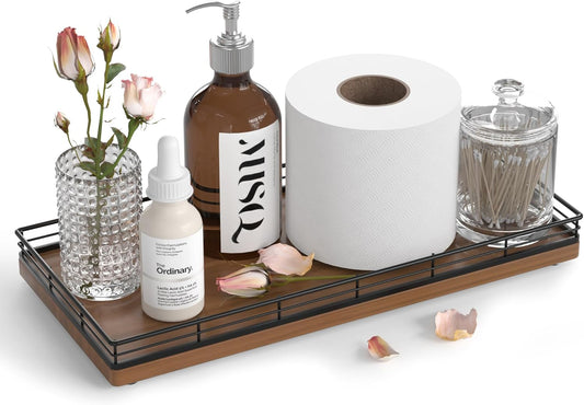 Oak Bathroom Toilet Tank Tray, 13" Wood Back of Toilet Paper Storage Tank Topper Basket, Vanity Tray for Perfume Makeup Candle Toiletry Organizer for Kitchen Coffee Table Walnut Tray Decor