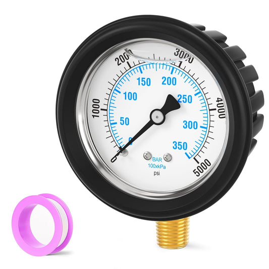 0-5000PSI Stainless Steel Liquid Filled Pressure Gauge, 2.5" Dial Size, 1/4" NPT Lower Mount, with Rubber Protective Sleeve, for Tube, Water Pump, Gas, Liquid, Pressure Test