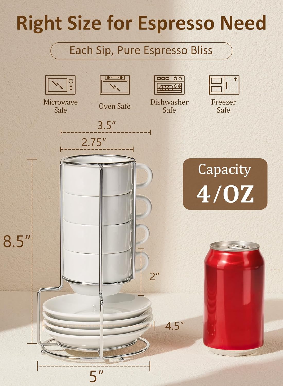 Yedio Porcelain 4 oz Espresso Coffee Cups with Saucers and Metal Stand, Porcelain White Stackable Cappuccino Cups Set of 4