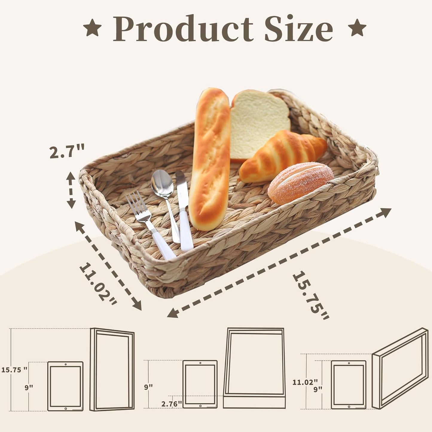 Water Hyacinth Woven Serving Tray Rectangular Hand-Woven Wicker Storage Trays for Coffee/Breakfast/Dessert/Fruit/Bread (Original Color - Large)