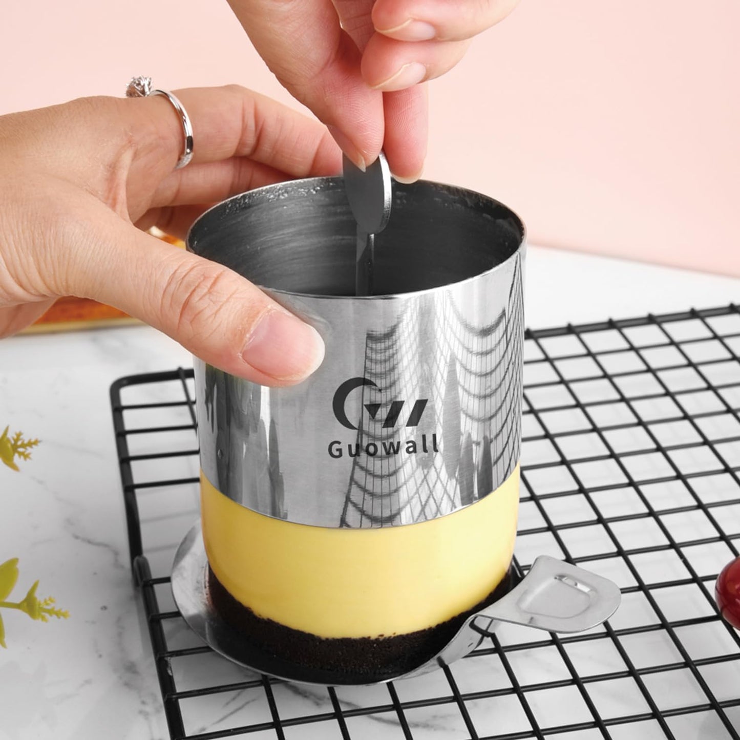 Guowall 1 Pack Seamless Cake Ring Mold Stainless Steel Round Mousse Mould for Baking (Includes 1 Ring, 1 Pusher and 1 Lifter)