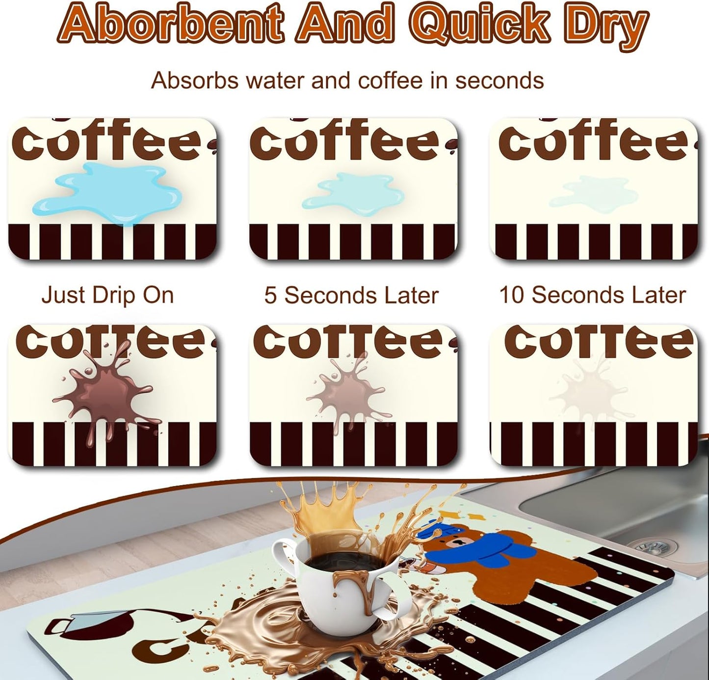 Coffee Bar Mat for Countertop, 17" X 28” Super Absorbent Dish Drying Mat, Large Kitchen Counter Mats Fits Under Coffee Maker, Non-slip Espresso Machine Pad, Bear Coffee