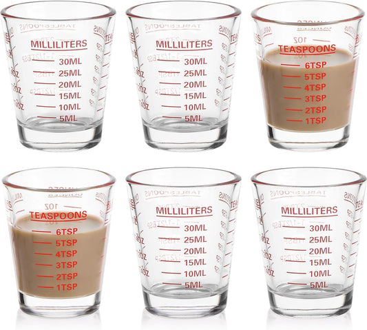 Shot Glasses Measuring Cup Set 6 Pack Espresso Shot Glasses Liquid Heavy Glass 26-Incremental Measurement 1 OZ,2 TBS,6 TSP,30 ML Kitchen Tools(Red)