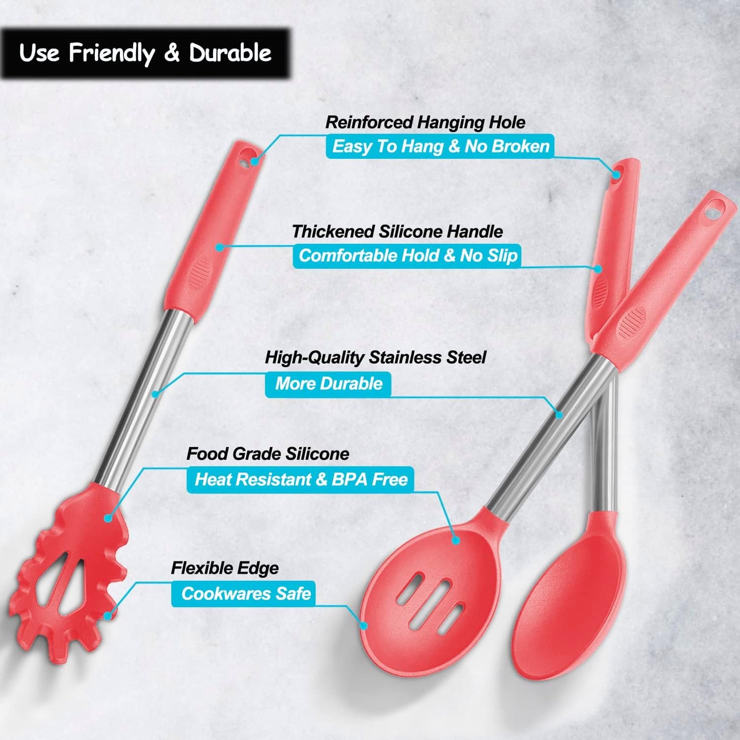 Silicone Spatula and Cooking Spoon,5 Pack Non-Stick Cooking Utensils for Kitchen，Heat Resistant Solid & Slotted Spoons and Spatulas, Stainless Steel Handle Coated with Silicone,Red