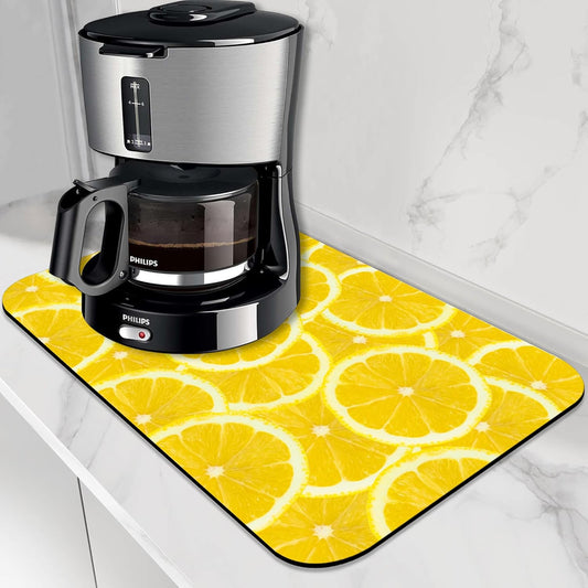 Fresh Yellow Lemon Slice Dish Drying Mat,12"X19" Absorbent Fast Dish Drying Mat for Kitchen Counter Pot and Pan, Kitchen Accessories