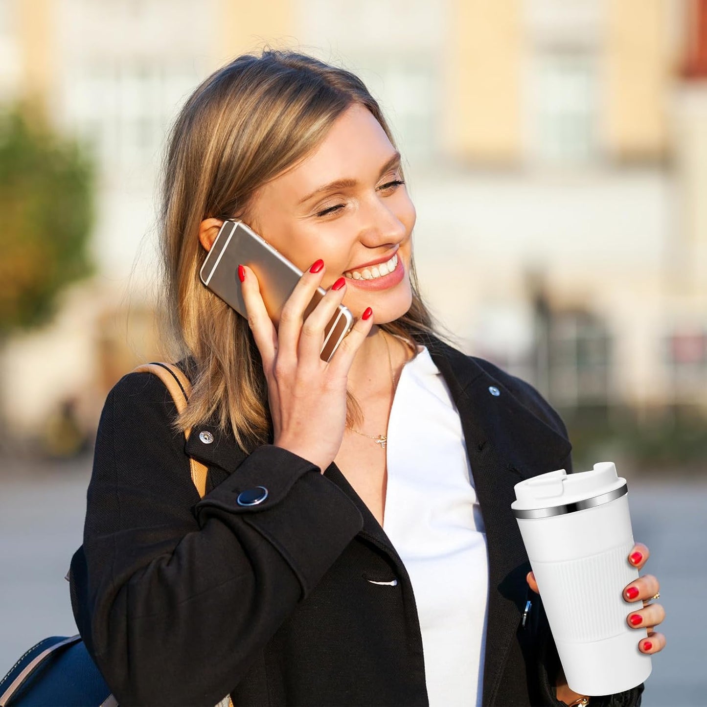 Sabary 4 Pack 16 oz Bulk Travel Coffee Mug with Lid Reusable Vacuum Insulated Coffee Tumbler Double Wall Thermal Stainless Steel Camping Tea Cup for Christmas Winter Drinks Employee Gift(White)