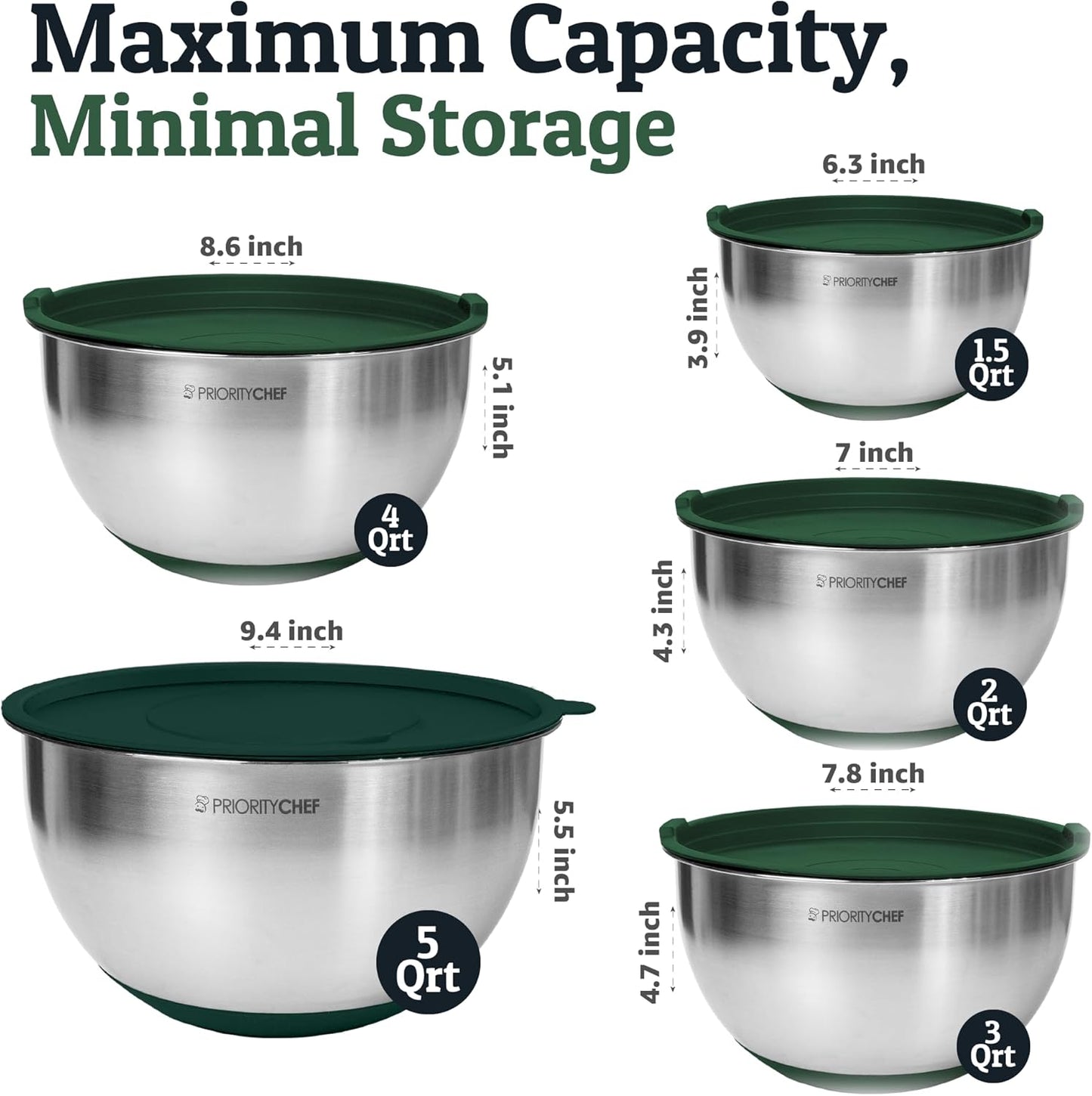 Priority Chef Stainless Steel Mixing Bowls with Lids Set, 3 Grater Attachments, Airtight Lids, Non-Slip Silicone Base Mixing Bowl Set, Large Prep Metal Mixing Bowls for Kitchen, Green