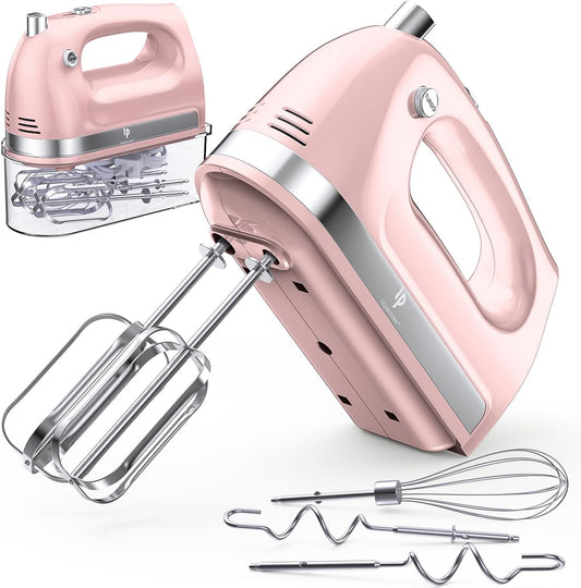 Hand Mixer Electric, 400W Food Mixer 5 Speeds Handheld Blender, 5 Stainless Steel Accessories, Storage Box, Kitchen Blender with Cord for Cream, Cookies, Dishwasher Safe, Pink