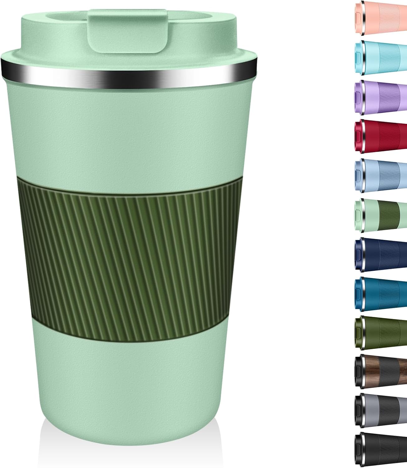 Insulated Coffee Tumbler 12 oz, Stainless Steel Coffee Mug with Lids, Travel Coffee Mug Leak Proof, Double Wall Vacuum Insulated Reusable Coffee Cup, Keep Drinks Hot and Cold (Light Green, 12 Ounces)