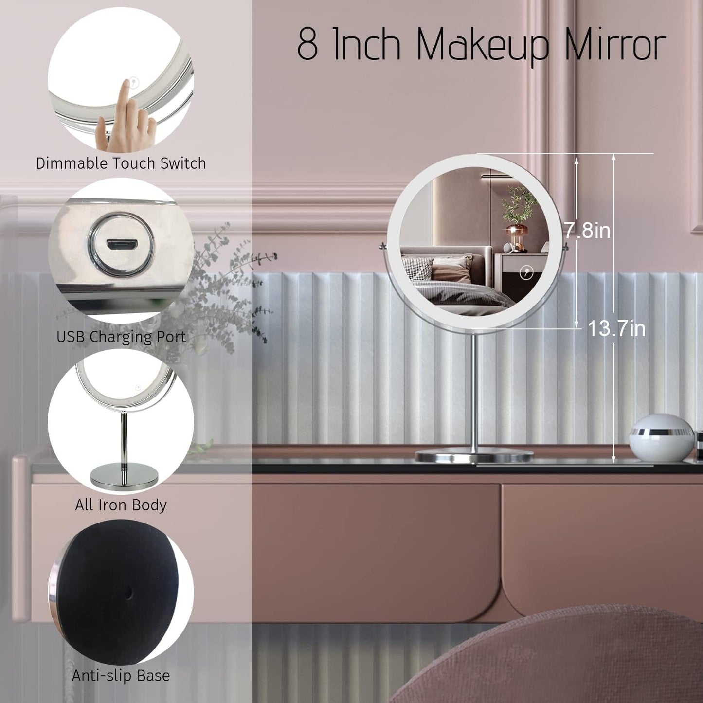 8" Lighted Makeup Mirror with Magnification, 1X/10X Magnifying Mirror with Light, Double Sided 360° Cordless Rechargeable, 3 Colors Brightness Adjustable Makeup Mirror with Lights with 52 LED(Silver)