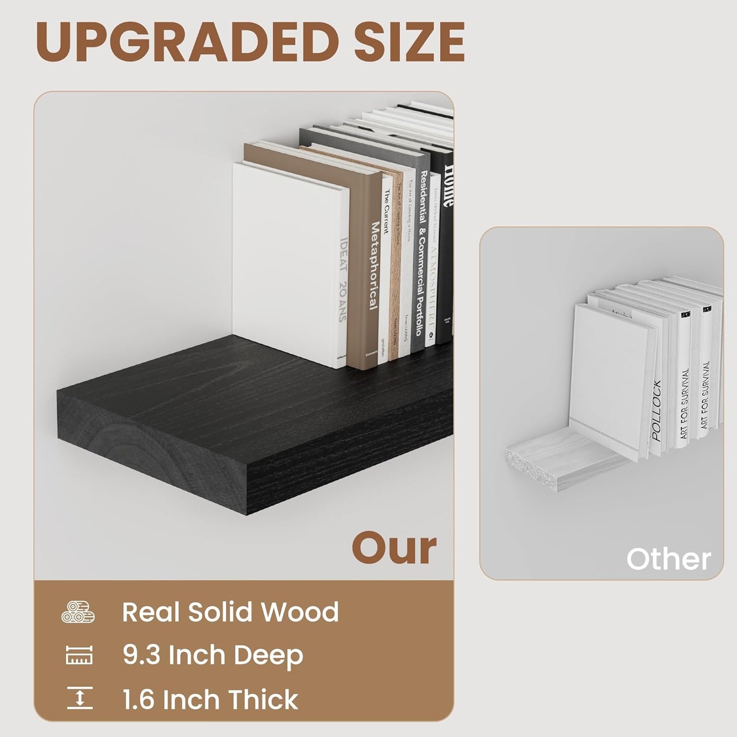 Black Floating Shelves 24 Inch Long, 9.3 Inch Deep Floating Shelves for Wall, Rustic Solid Wood Shelves, Deep Wall Shelves for Living Room, Bedroom, Kitchen, 24"W x 9.3"D x 1.6"H, Set of 2